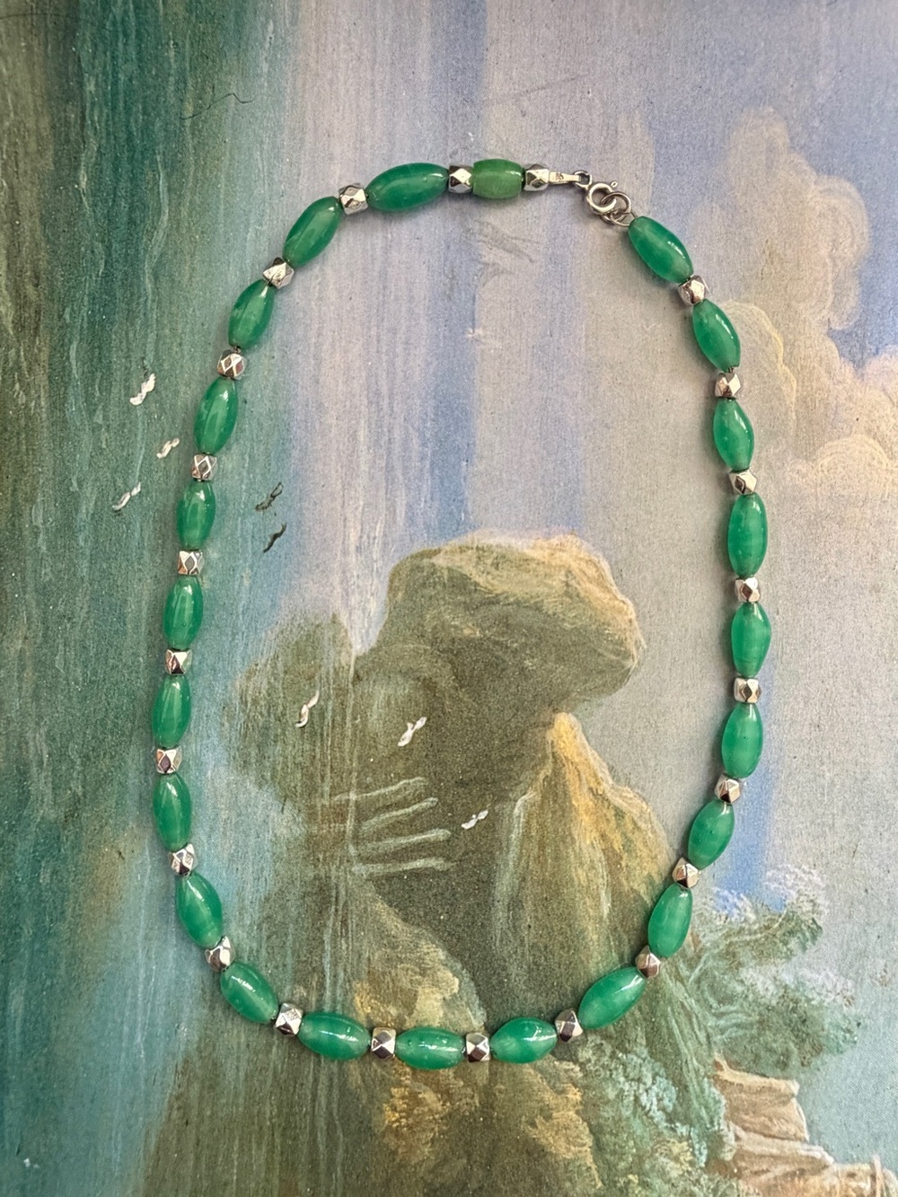 Vtg Sterling Silver Green Art Glass Bead Necklace 15" - Picture 10 of 10